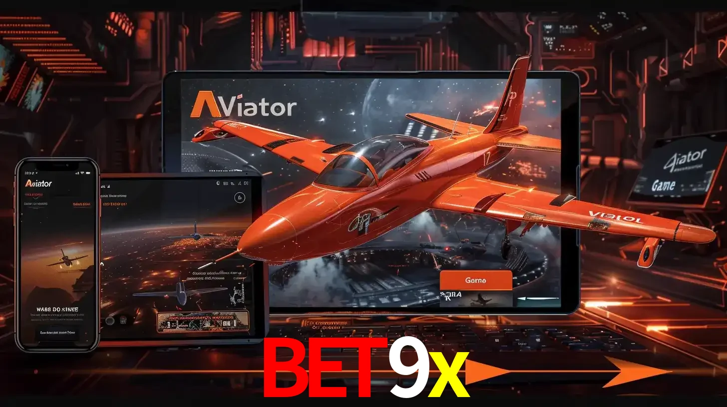 Apresentação tecnológica do jogo Aviator com um avião saindo da tela de um tablet, demonstrando a experiência imersiva em múltiplos dispositivos no bet9x.