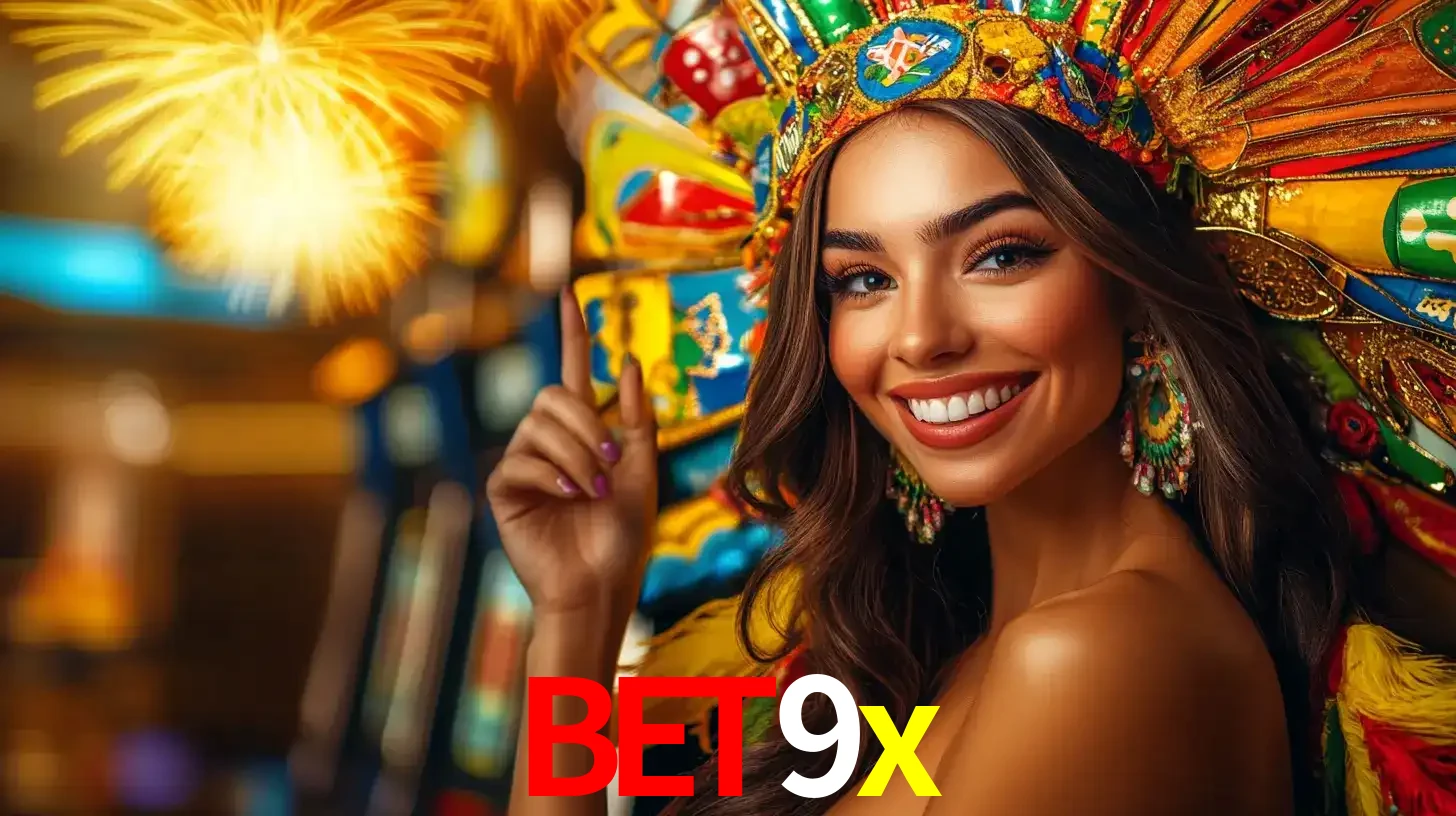 Mulher sorridente com um cocar de carnaval vibrante e colorido, celebrando uma grande vitória nos jogos do cassino bet9x com fogos de artifício ao fundo.