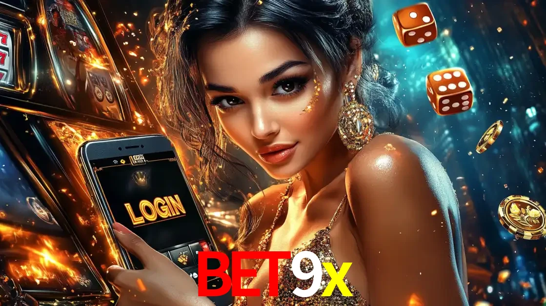 Mulher glamourosa segurando um celular com a tela de login do cassino bet9x, rodeada por dados e moedas douradas, pronta para começar a diversão.