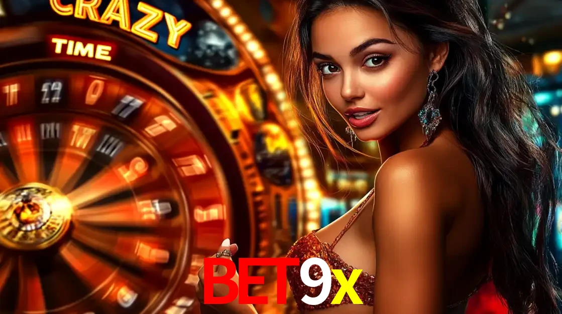 Mulher ao lado da roda de prêmios do jogo de cassino ao vivo Crazy Time, um dos shows de jogos mais emocionantes oferecidos pela plataforma de apostas bet9x.