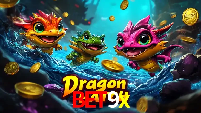 Arte promocional do jogo Dragon Hatch com três adoráveis dragões bebês nadando entre moedas de ouro, um dos slots mais divertidos para jogar no cassino bet9x.