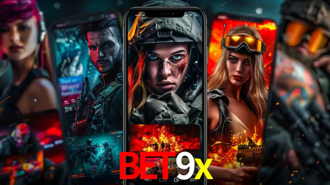 Montagem de telas de celular mostrando diversos personagens, masculinos e femininos, de um jogo de tiro, ilustrando a diversidade de equipes de e-sports para apostar no bet9x.