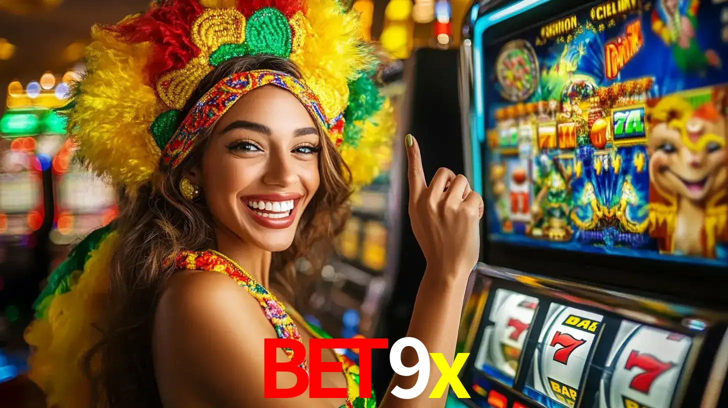 Mulher animada com um cocar de carnaval apontando para uma máquina de caça-níqueis, mostrando a emoção de ganhar um grande prêmio nos jogos do bet9x.