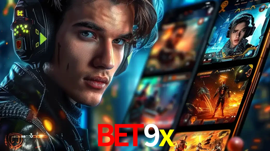 Jovem jogador com fones de ouvido olhando para a câmera, com um aplicativo de jogos e e-sports para celular ao fundo, pronto para a competição e apostas no bet9x.