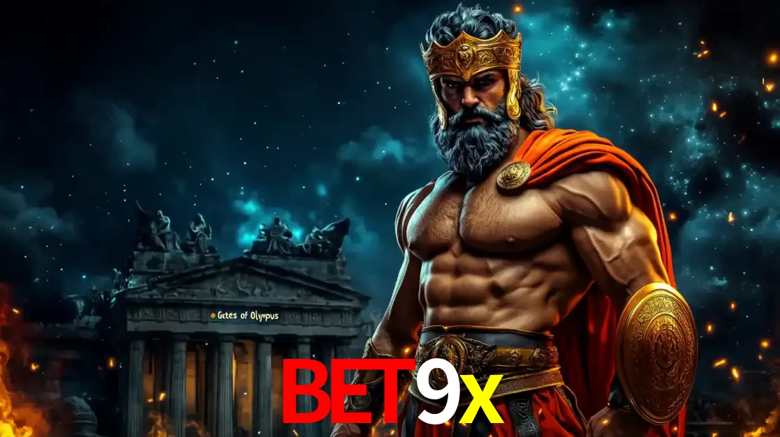 O poderoso Zeus do jogo de slot Gates of Olympus em frente ao seu templo, pronto para lançar multiplicadores divinos e prêmios épicos no cassino online bet9x.
