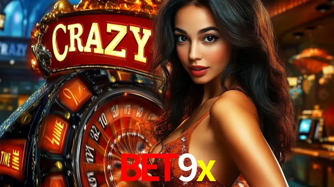 Mulher glamourosa olhando para a câmera com a roda vermelha do Crazy Time ao fundo em um ambiente de cassino, destacando a emoção dos jogos ao vivo no bet9x.