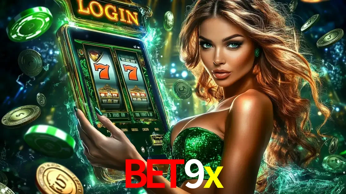 Mulher com tema verde apresentando o aplicativo do cassino bet9x com um jogo de slot de 777, cercada por fichas de cassino e uma aura de sorte.