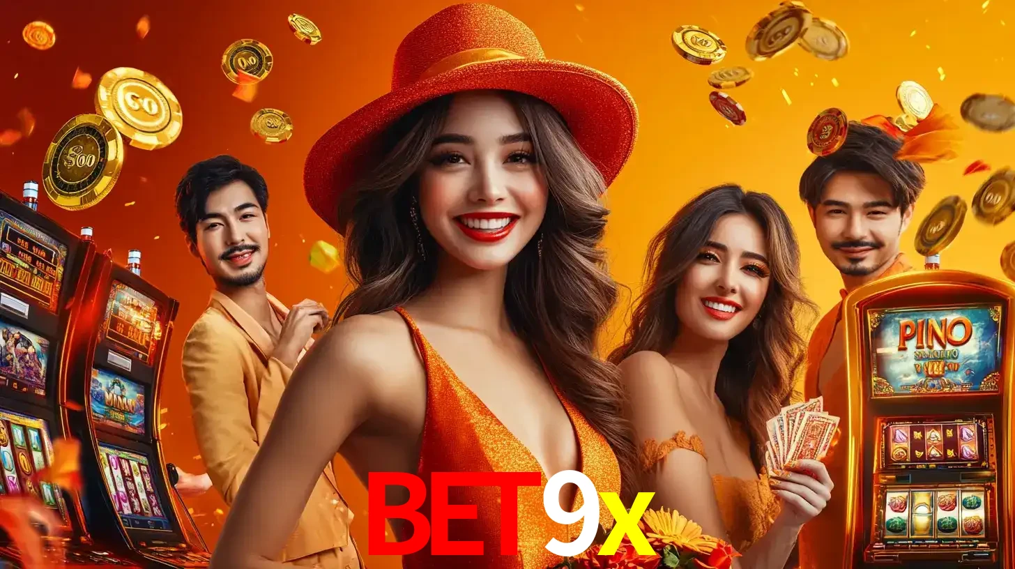 Grupo de amigos asiáticos sorrindo e se divertindo com máquinas de caça-níqueis em um ambiente festivo, celebrando suas vitórias nos jogos de cassino do bet9x.