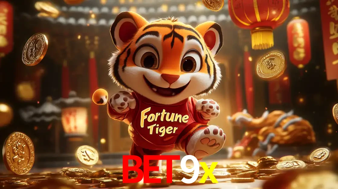 O alegre personagem do Fortune Tiger correndo sobre um caminho de moedas de ouro, simbolizando os grandes prêmios e a diversão do popular jogo de slot do bet9x.