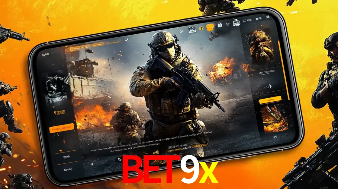 Um smartphone exibindo a interface de um jogo de tiro em primeira pessoa, com um soldado em um cenário de batalha, representando a ação dos e-sports para apostar no bet9x.