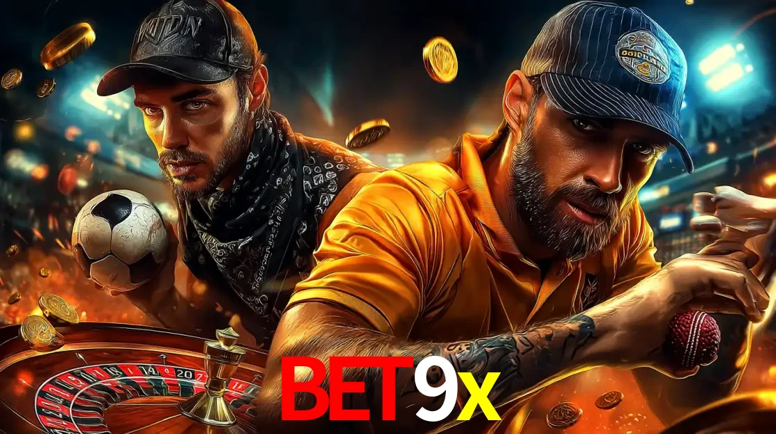 Montagem de apostas esportivas e cassino no bet9x, com um homem segurando uma bola de futebol e outro uma de beisebol sobre uma roleta e moedas voadoras.