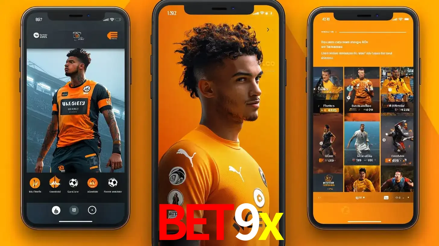 Interface do aplicativo de apostas esportivas bet9x em três telas de celular, mostrando o perfil de um jogador de futebol e a lista de jogos disponíveis para apostar.