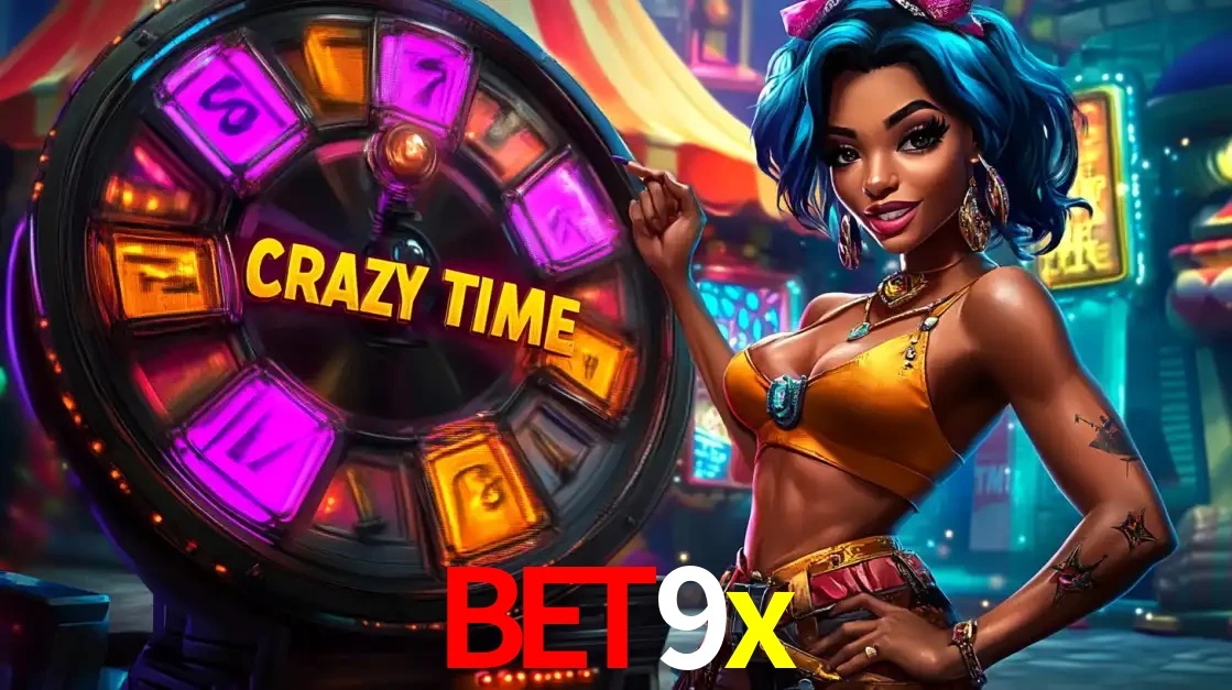 Mulher estilizada com cabelo azul e visual vibrante posando ao lado da roda de prêmios do game show Crazy Time, convidando para a diversão e os bônus do cassino bet9x.