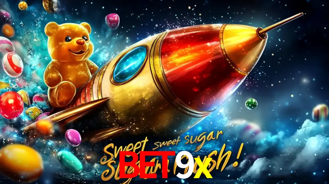 Arte promocional do jogo de slot Sugar Rush, com um urso de pelúcia em um foguete viajando pelo espaço de doces, um dos jogos divertidos disponíveis no cassino bet9x.