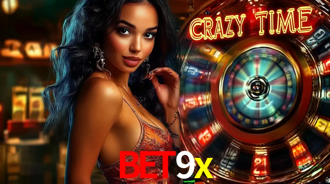 Mulher elegante ao lado da vibrante roda da fortuna do jogo de cassino ao vivo Crazy Time, um dos game shows mais populares e cheios de prêmios do bet9x.