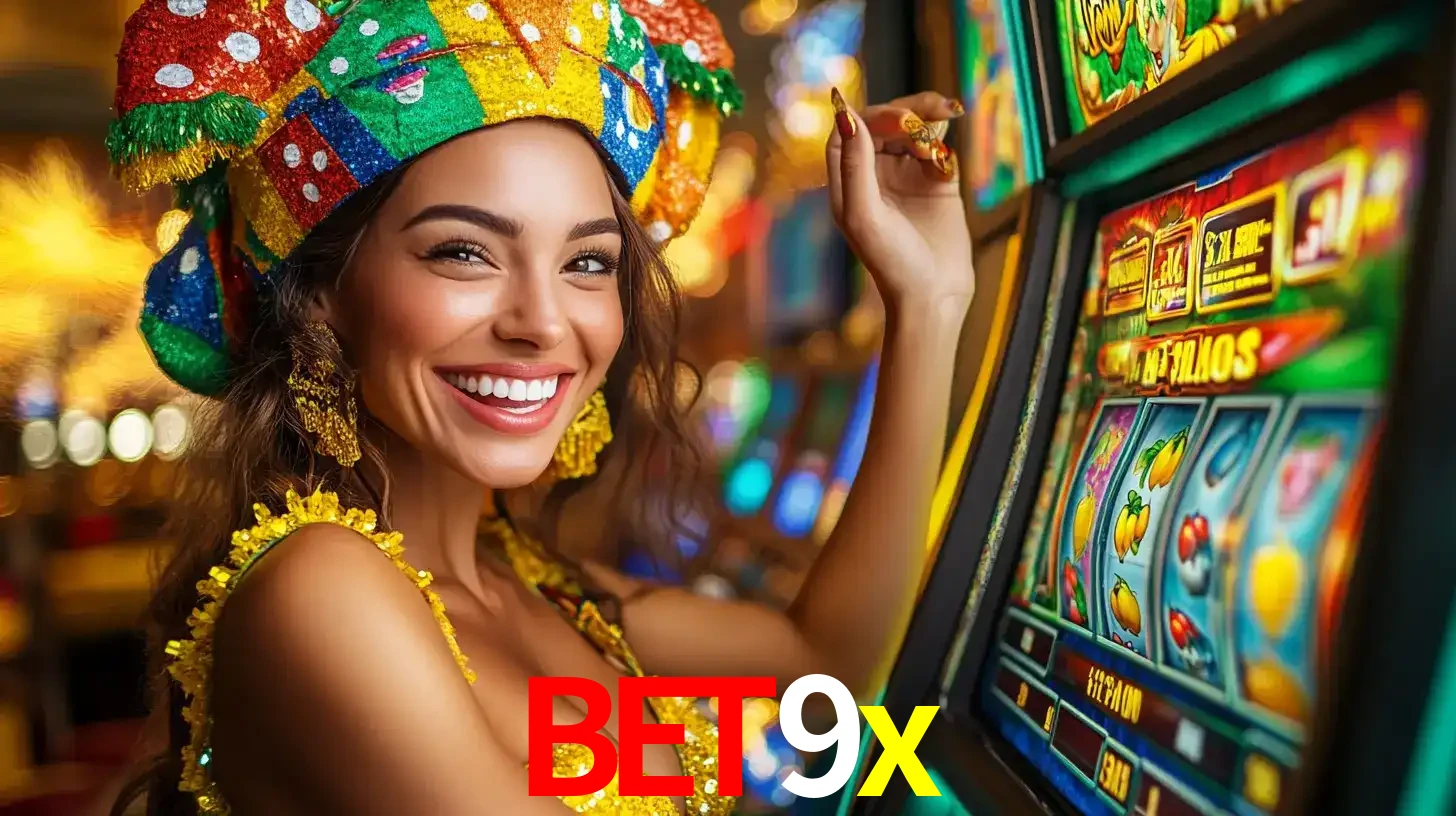 Mulher feliz com traje de carnaval amarelo e colorido ao lado de uma máquina de caça-níqueis, aproveitando a diversão e os jogos temáticos do cassino bet9x.