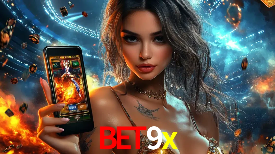 Mulher segurando um celular com um jogo de slot em destaque, tendo como fundo um estádio vibrante, simbolizando a emoção de jogar no cassino móvel bet9x.