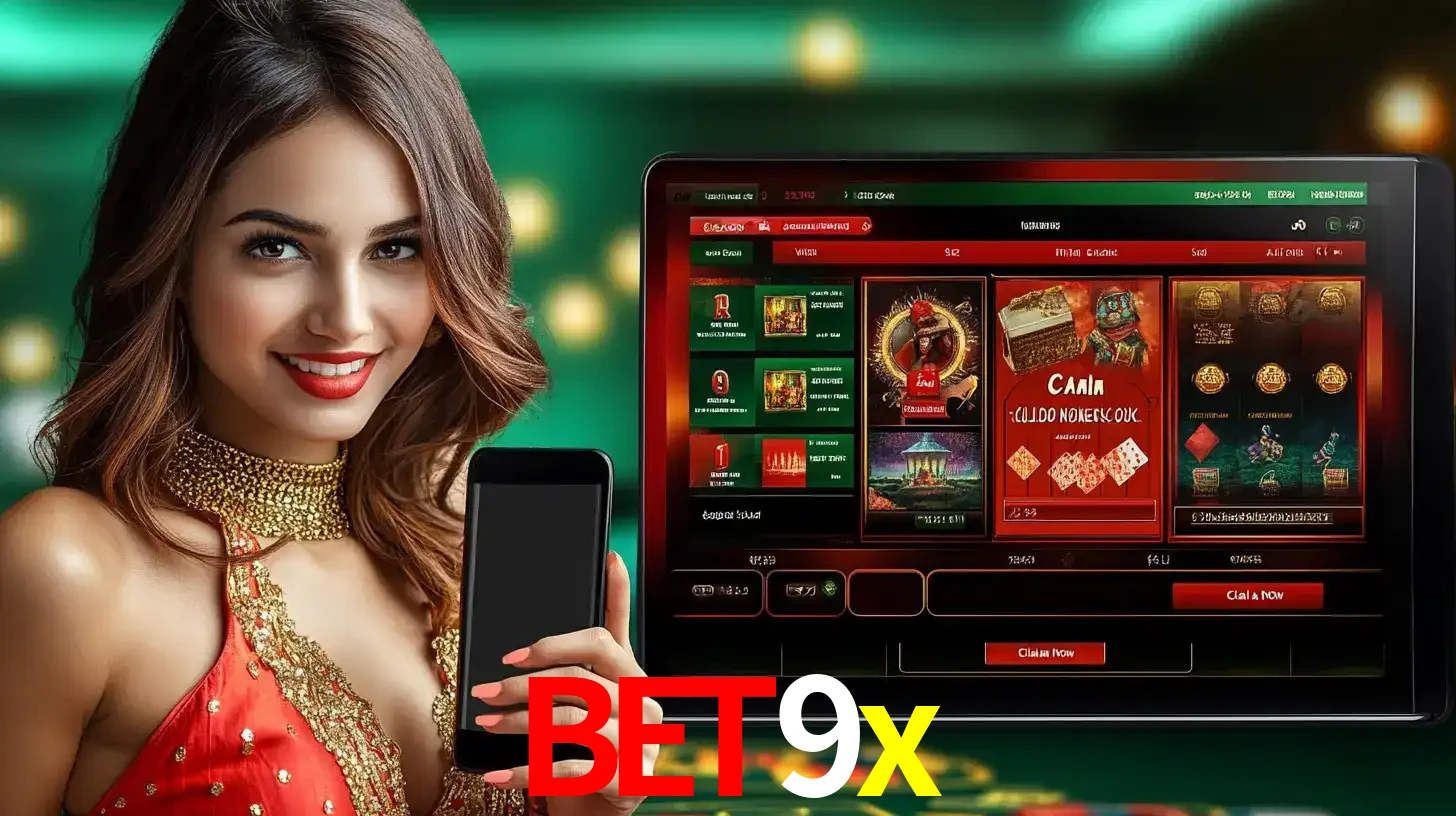 Mulher sorridente segurando um smartphone, ao lado de uma tela exibindo o lobby de jogos do cassino online bet9x, com várias opções de jogos de cartas e slots.